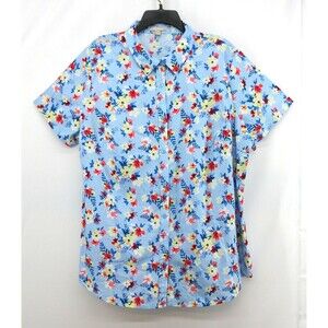 Woman Within Shirt Women Size 1X Blue Floral Short Sleeve Casual Button Up Top